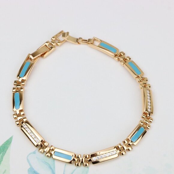 "Elegant Rose Gold Bracelet with Blue Enamel and CZ Accent Links, XPBL0738 - Picture 1 of 12